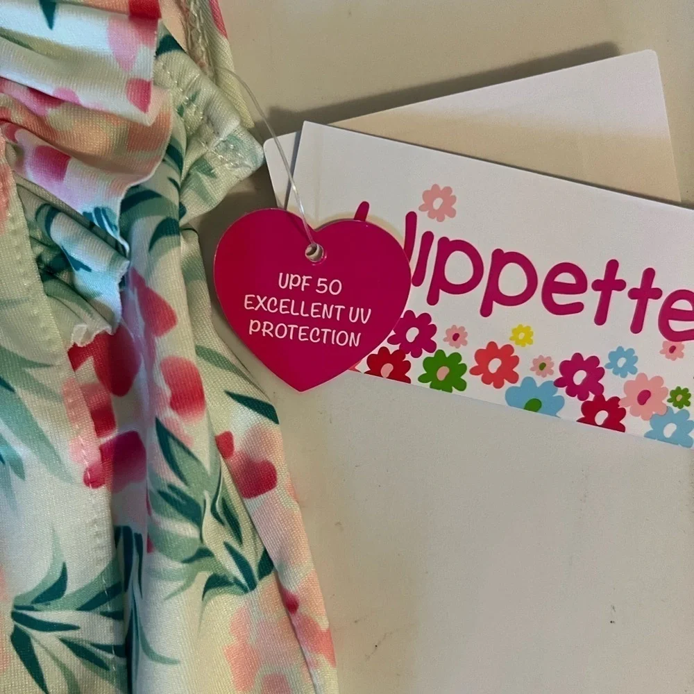 🆕WIPPETTE Pink Mint Teal Tropical Floral Ruffle One-Piece Swimsuit::Baby 24 MO